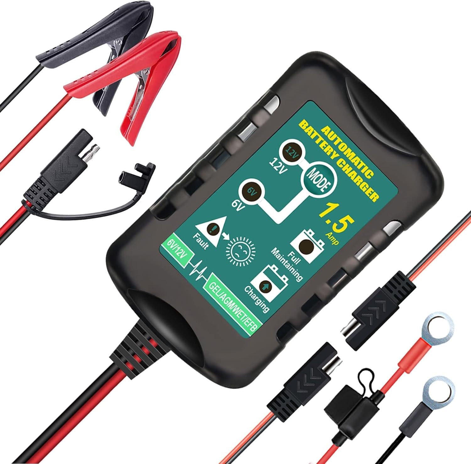 12V / 6V Battery Trickle Charger Maintainer, 1.5A Automatic Smart Float Charger