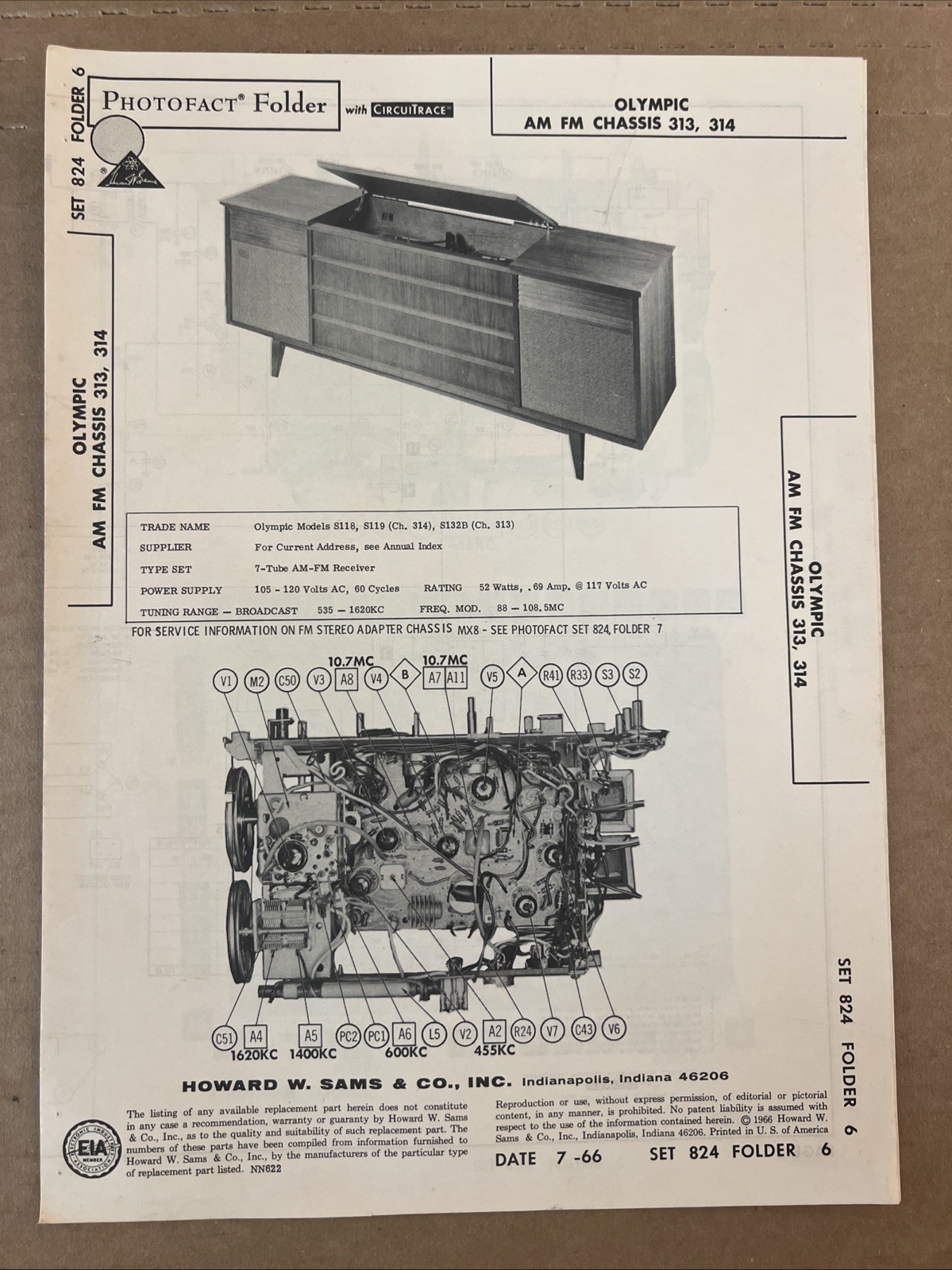 Vintage Sams Photofact Schematic 7-1966 OLYMPI AM FM CHASSIS 313, 314