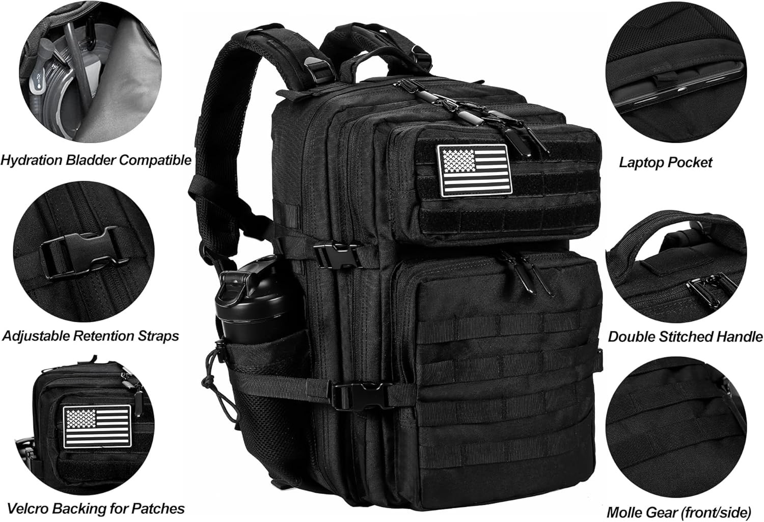 Military Tactical Backpack 45L Army 3 Days Assault Pack Bag Black