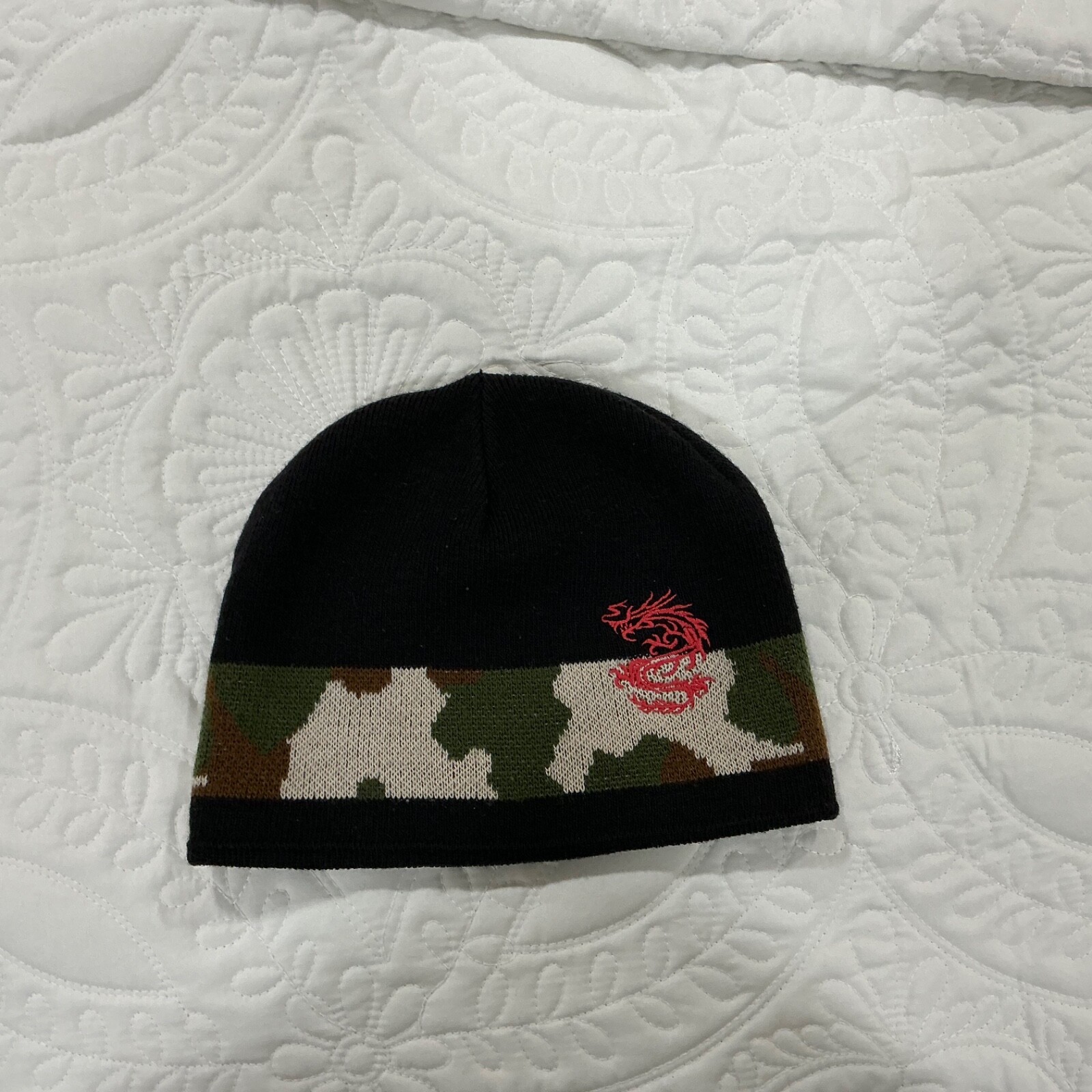 Boys BLACK CAMO Beanie Hat Red Dragon