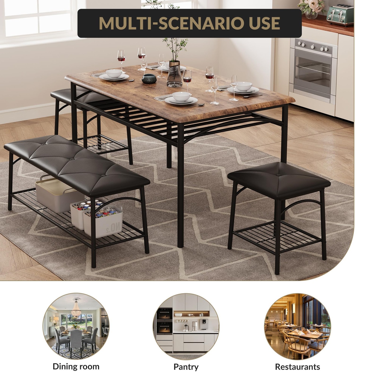 4PCS Dining Set w/ Storage Shelf, Kitchen Table w/ Upholstered Bench & 2 Stools