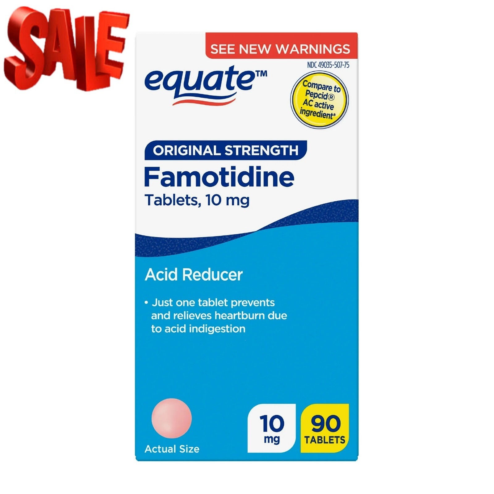 Equate Original Strength Famotidine Tablets, 10 mg, Acid Reducer for Heartburn R