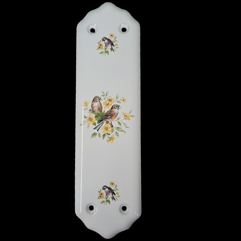 1 x White Porcelain Door Finger Plate Brown Bullfinch Bird Design