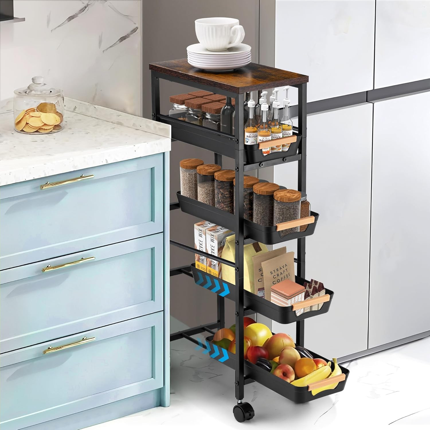 Slim Storage Cart, 5-Tier Narrow Rolling Kitchen Laundry Room Cart with Drawer a