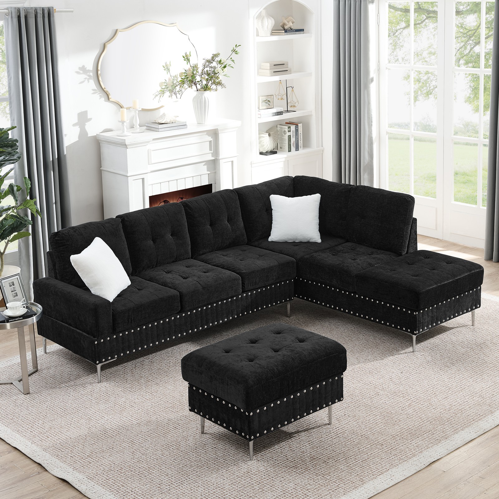 Sectional 3-Seaters Sofa with Chaise, Storage Ottoman, Metal Legs and Copper Na