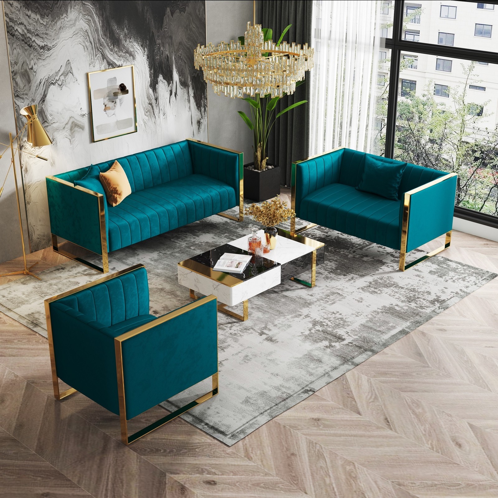Manhattan Comfort, Trillium 3-Piece Teal and Gold Sofa Armchair Set, Primary