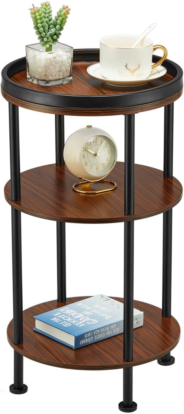 Round Side Table W/ Charging Station Small Spaces 3-Tier Accent Table Durable