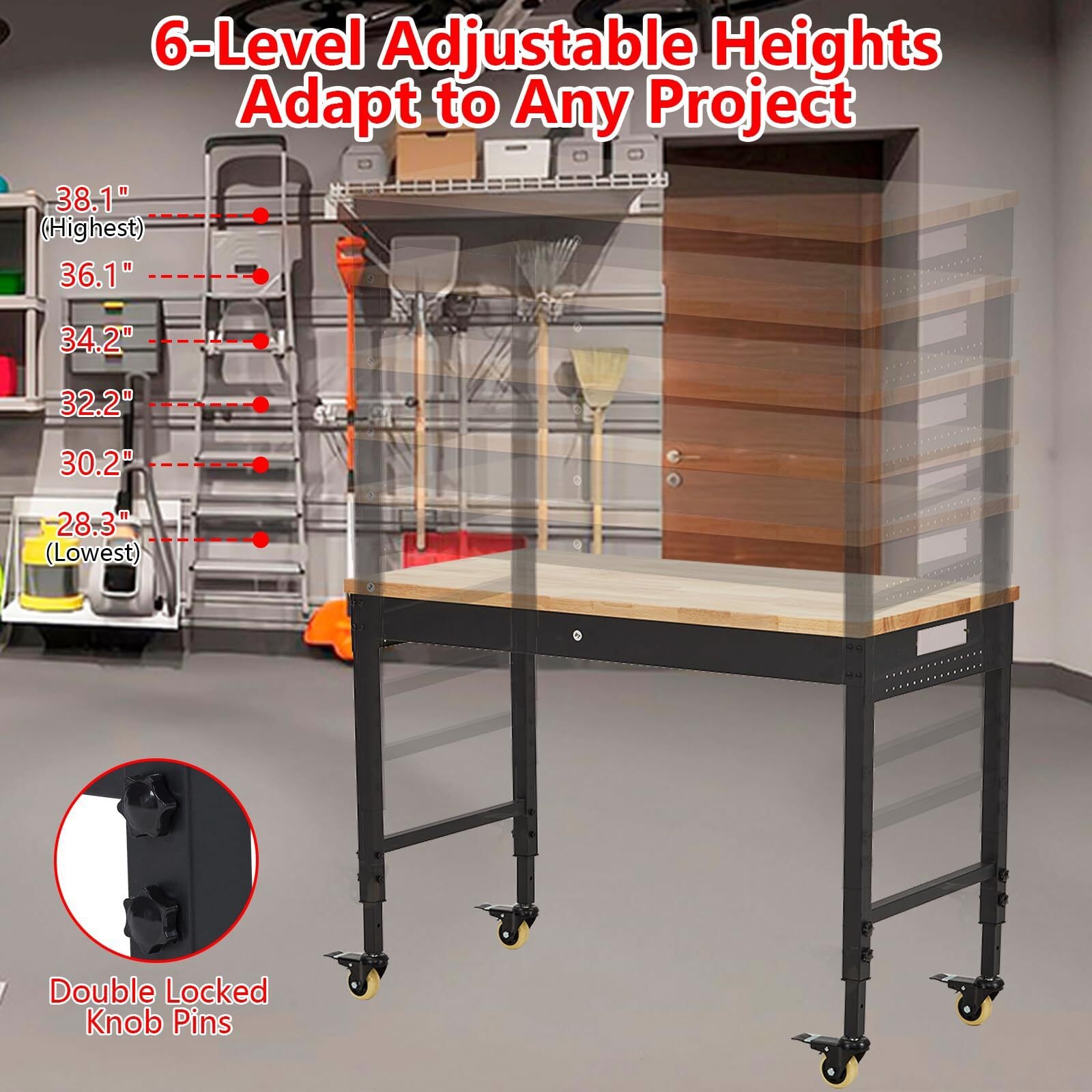 48''x24'' Adjustable Rolling Workbench Heavy Duty Work Bench with Power Outlets