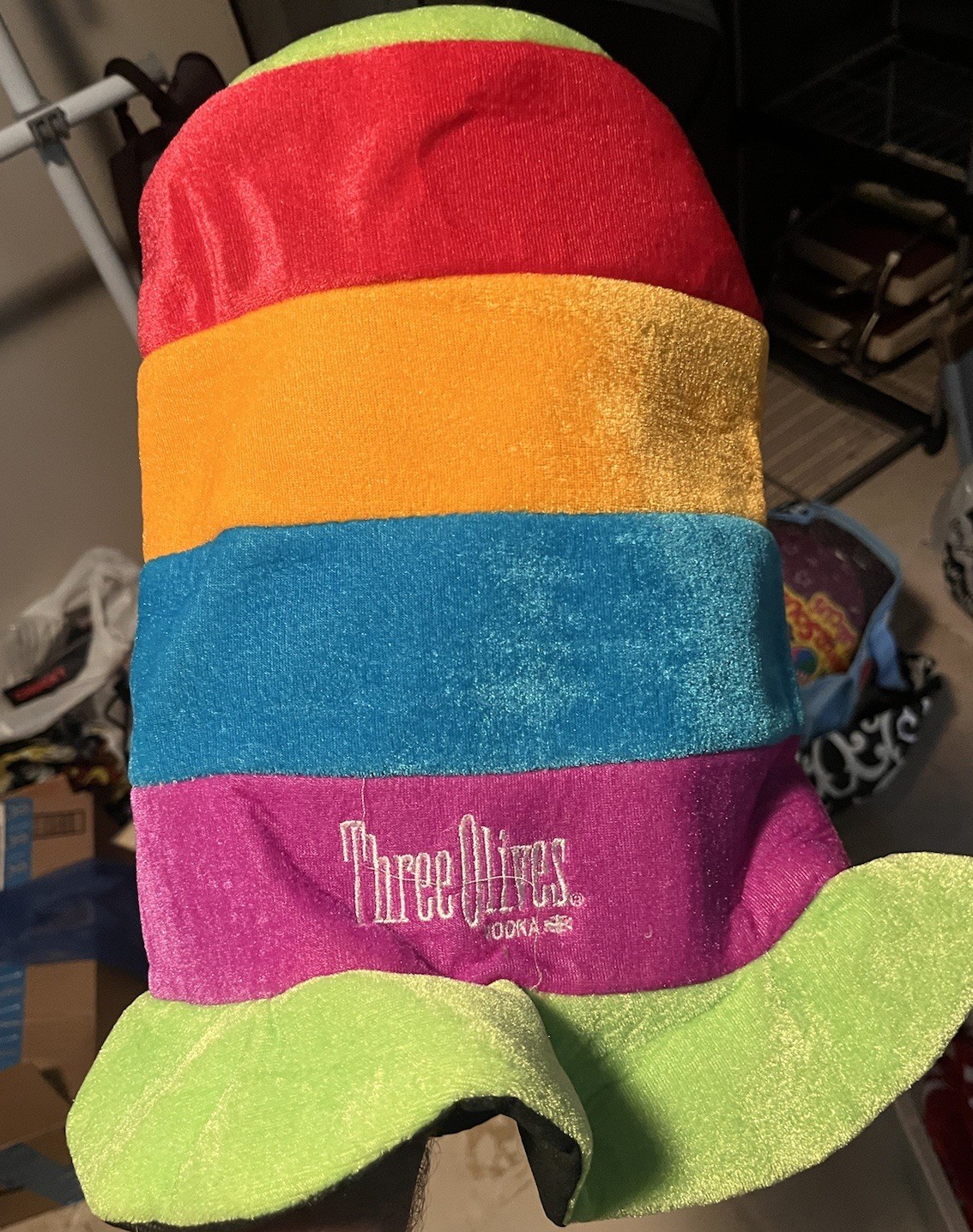 Three Olives Vodka Promo Top Hat; Multicolored Plush With Logo Embroidery
