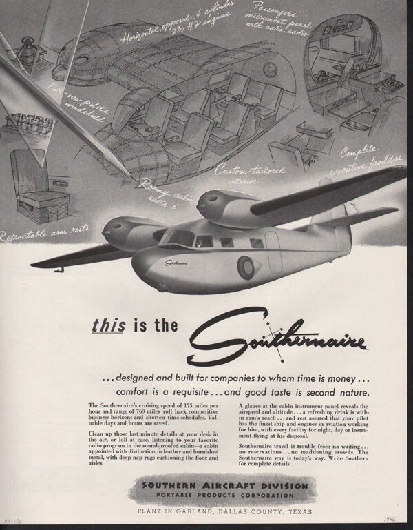 1946 SOUTHERNAIRE AIRCRAFT AIRPLANE TRAVEL GARLAND TEXAS DALLAS AD AV-250