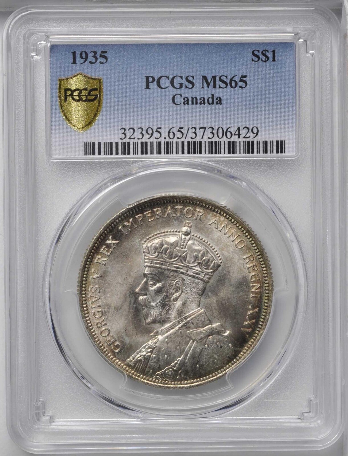 CANADA GEORGE V  1935 1 DOLLAR SILVER COIN GEM UNCIRCULATED, CERTIFIED PCGS MS65