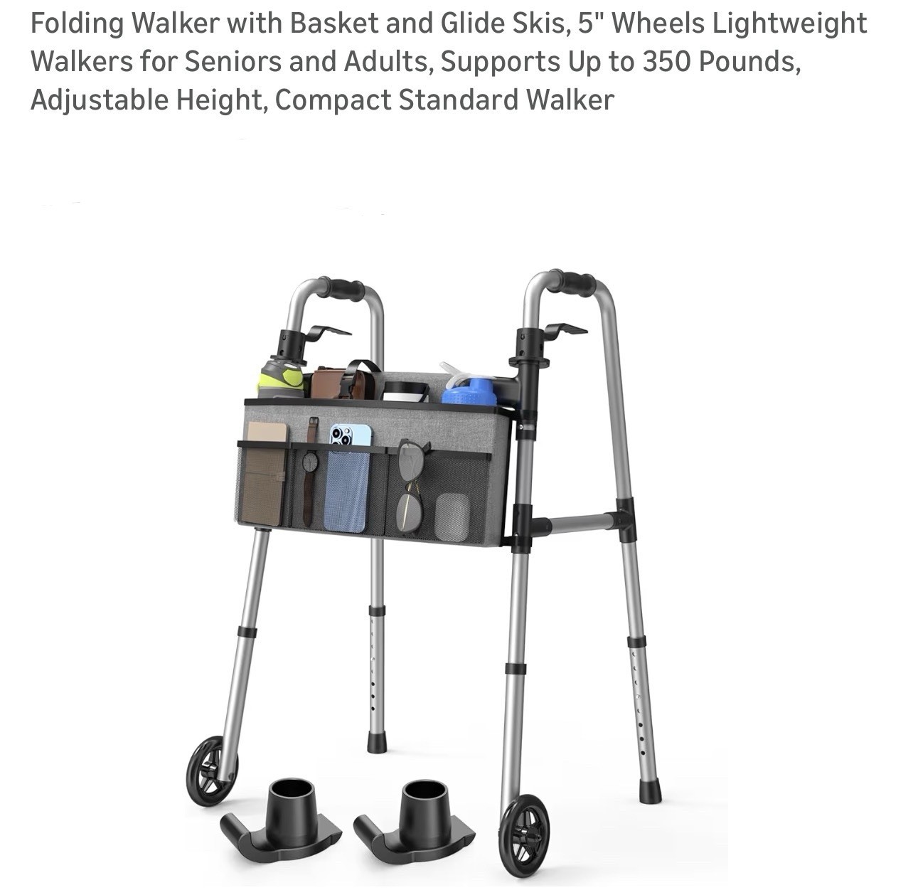Folding Walker with Basket and Glide Skis, 5" Wheels Lightweight Walkers