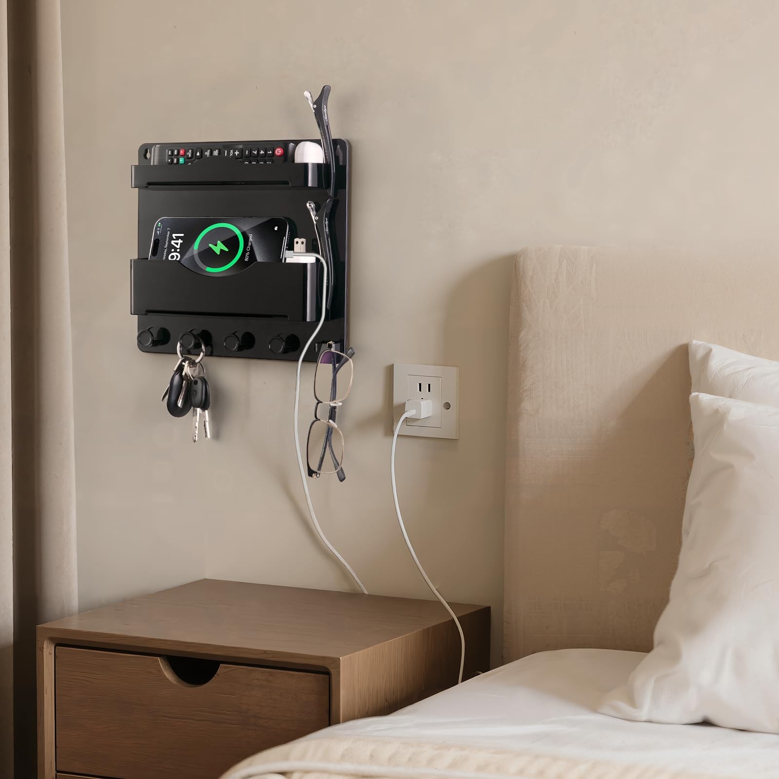 Bedside Wall Shelf with Glasses Hooks ，Adhesive Bedside Organizer Wall Mount ...