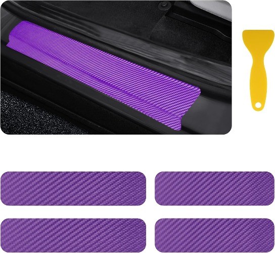 4PCS Car Door Sill Protector with Scraper, Carbon Fiber Car Door Color: Purple
