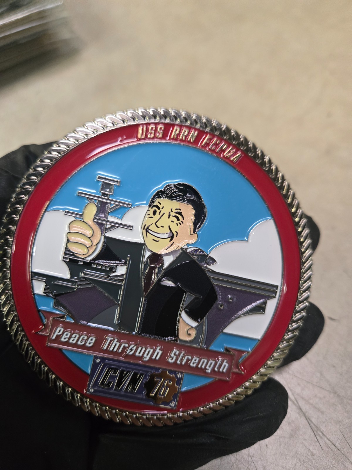 3" USS Ronald Reagan FCPOA CVN 76 Fallout Peace Through Strength Challenge Coin