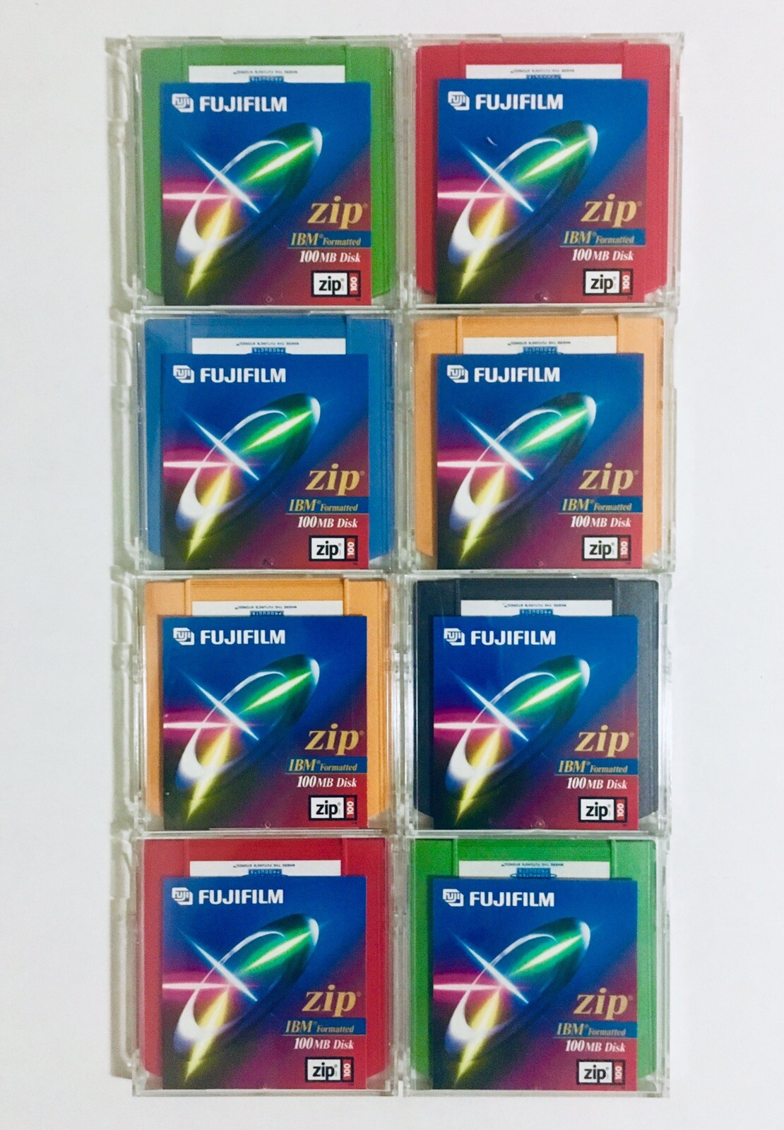 8 each, ZIP DISKS, FUJIFILM, IBM Formatted, 100 MB Disk, Jewel Cases, Unused