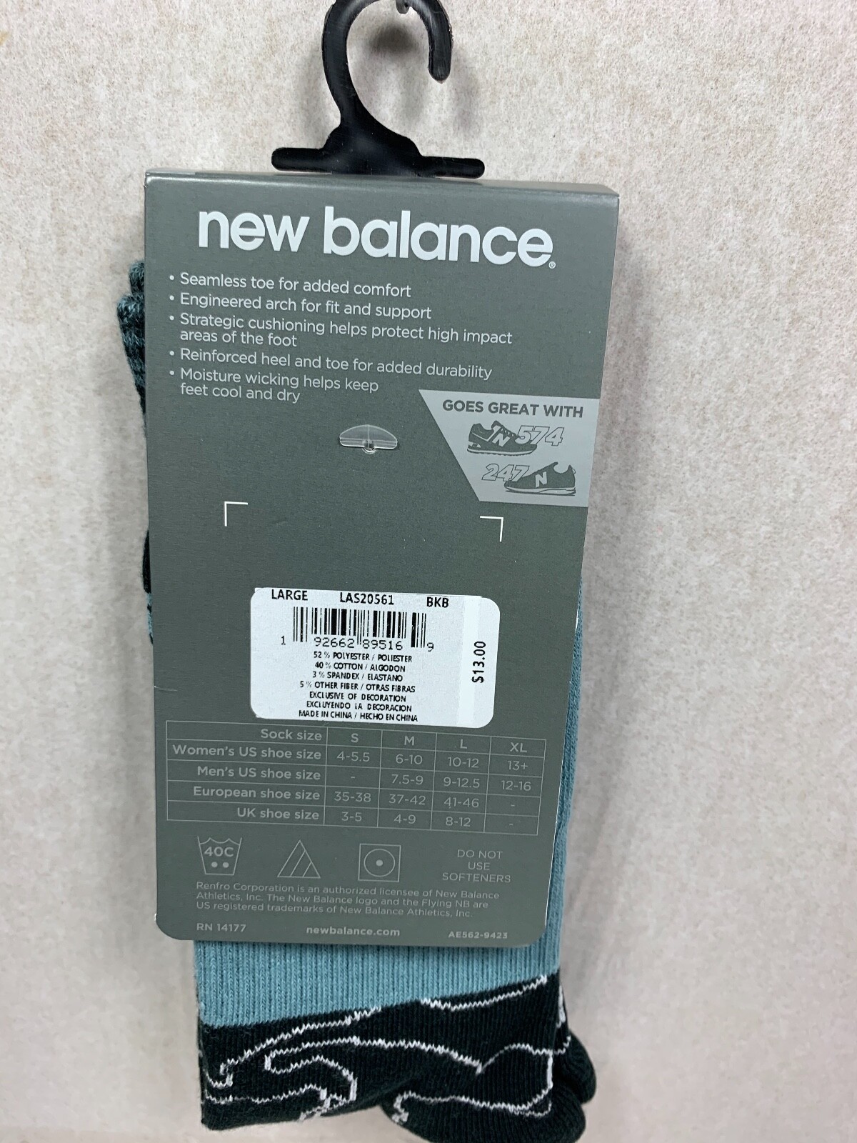 ONE PAIR NEW MENS NEW BALANCE LIFESTYLE CREW SOCKS SIZE LARGE MSRP $13.00