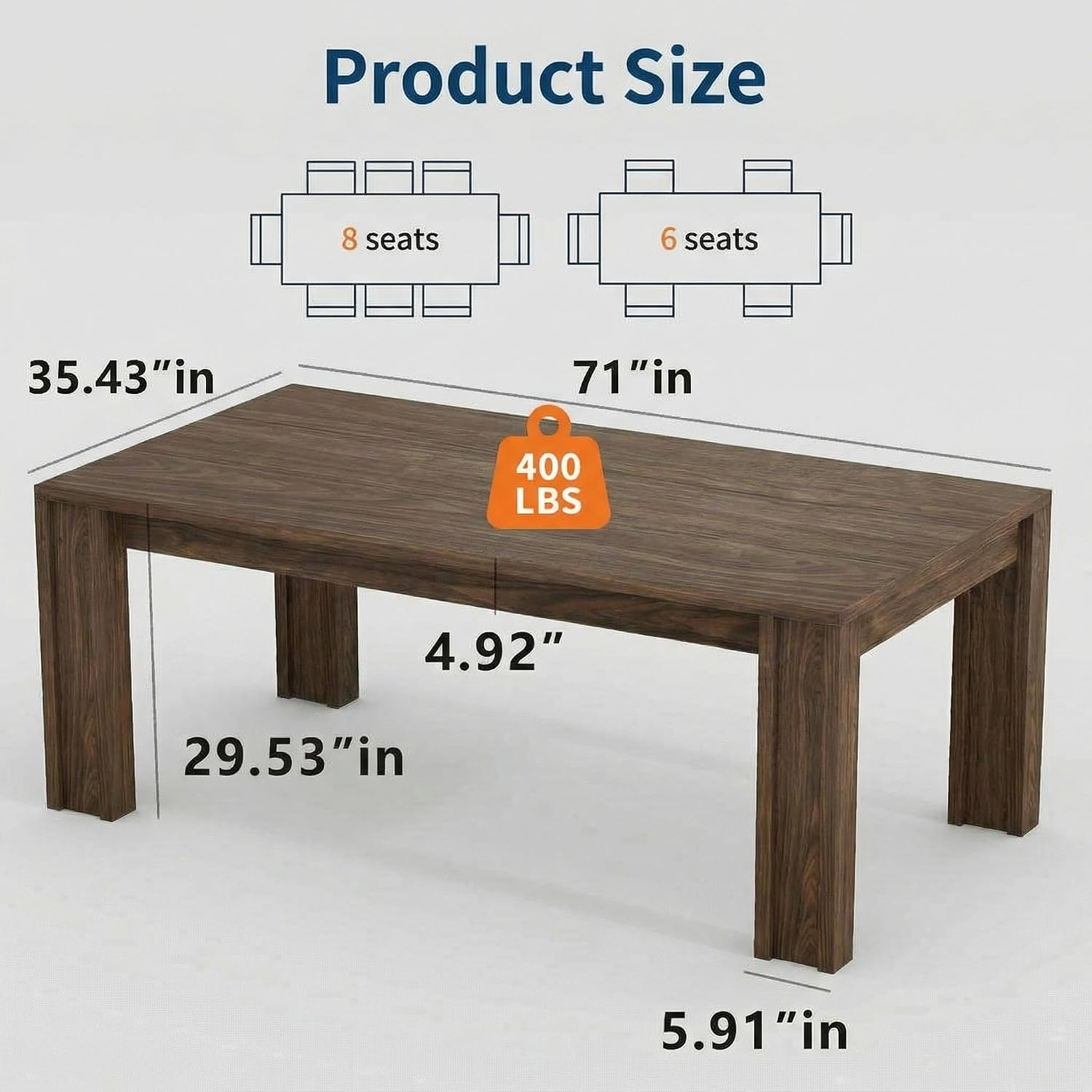 71" Long Dining Table for 6-8, Farmhouse Rectangular Wood Kitchen Table with Wid