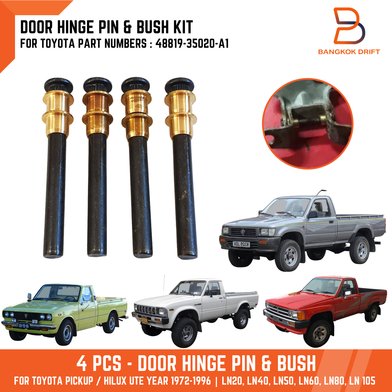 4 pcs Door Hinge Pin Bush Kit For Toyota Pickup RN30 LN50 LN85 72-96 48819-35020