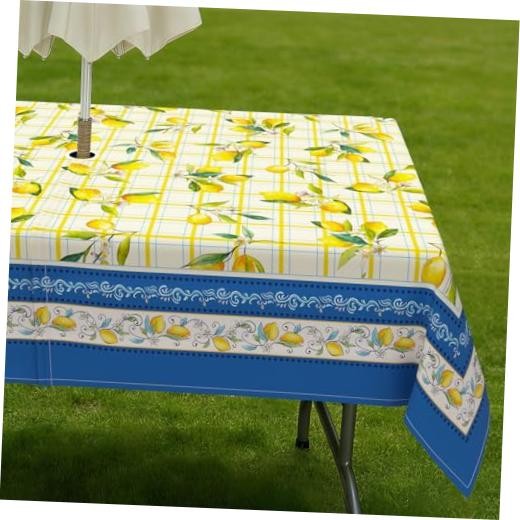 Outdoor Tablecloth with Umbrella Hole 84" x 60" (Rectangular) Yellow/Blue-lemon