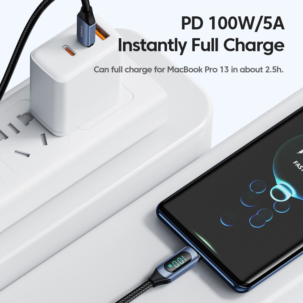 USB Type C to Type C Charging Cable PD 100W Fast Charger Data Cord LED Display