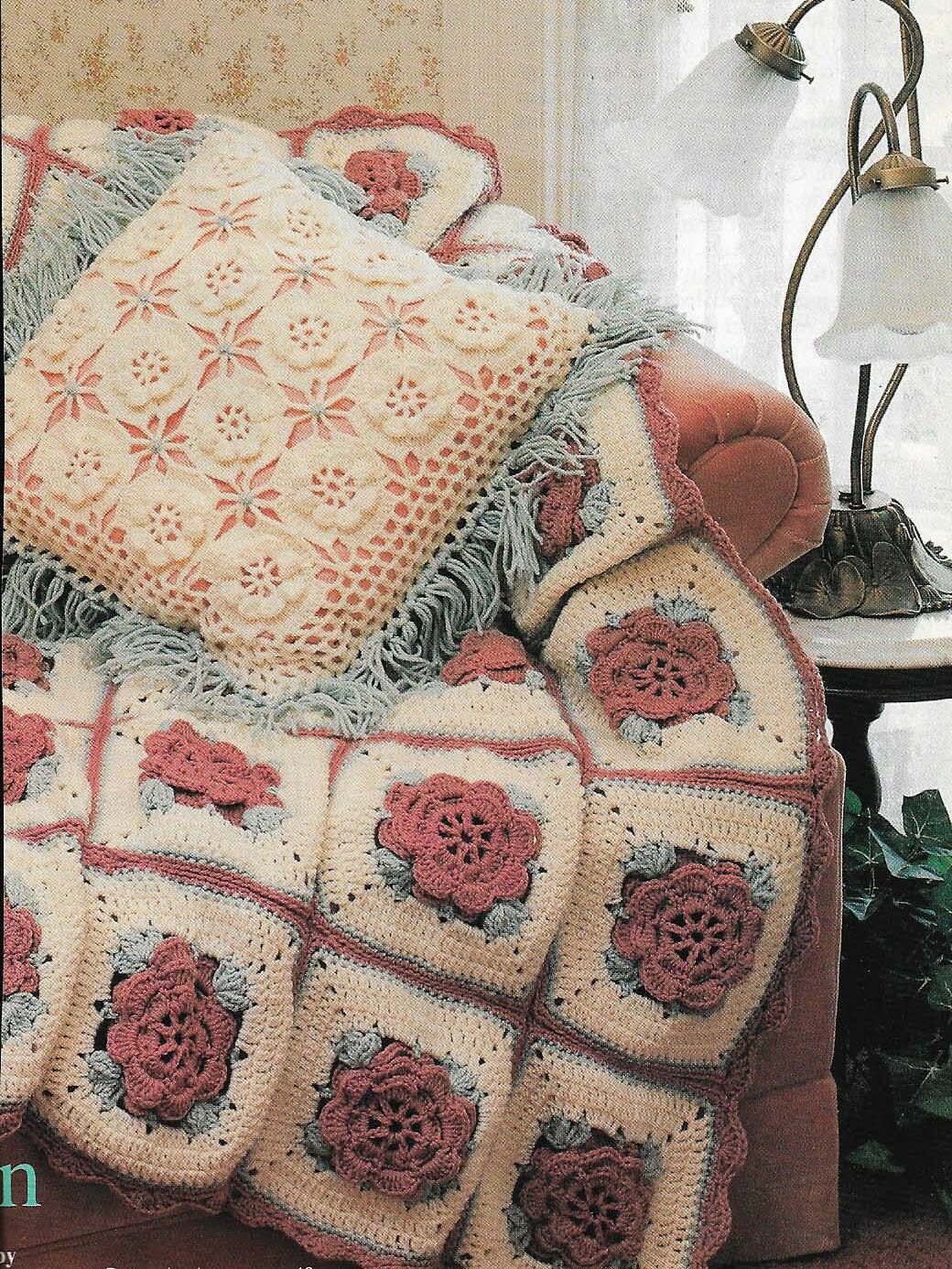 ROSE AFGHAN & MEDALLION PILLOW DIGEST SIZE CROCHET PATTERN INSTRUCTIONS