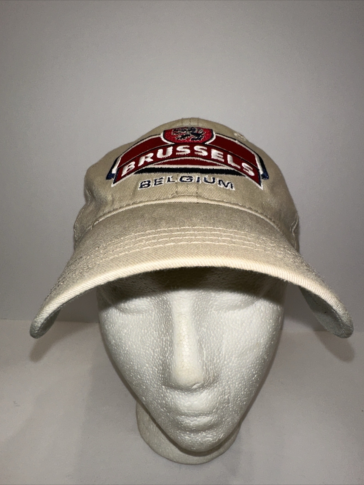 Brussels Belgium Patch on Hat Cap Maroon Black White on Tan Hook Loop Cotton