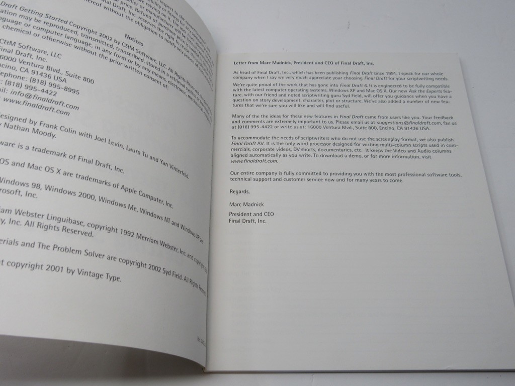 Final Draft Version 5 Scriptwriting Software Getting Started User's Guide 2002