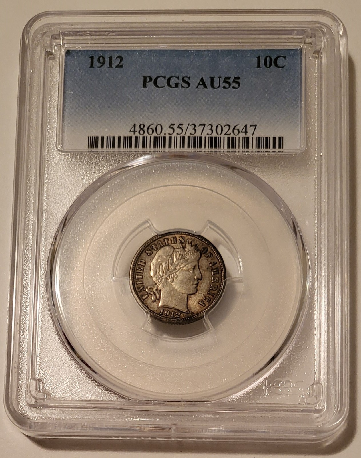 1912 Barber Dime AU55 PCGS Toned