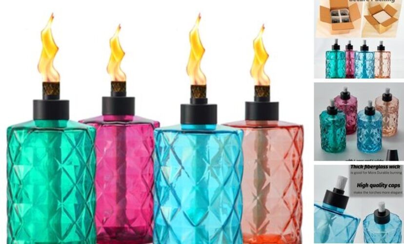 4 Pack Glass Table Top Torches , Citronella Torches for Outside, Multicolor
