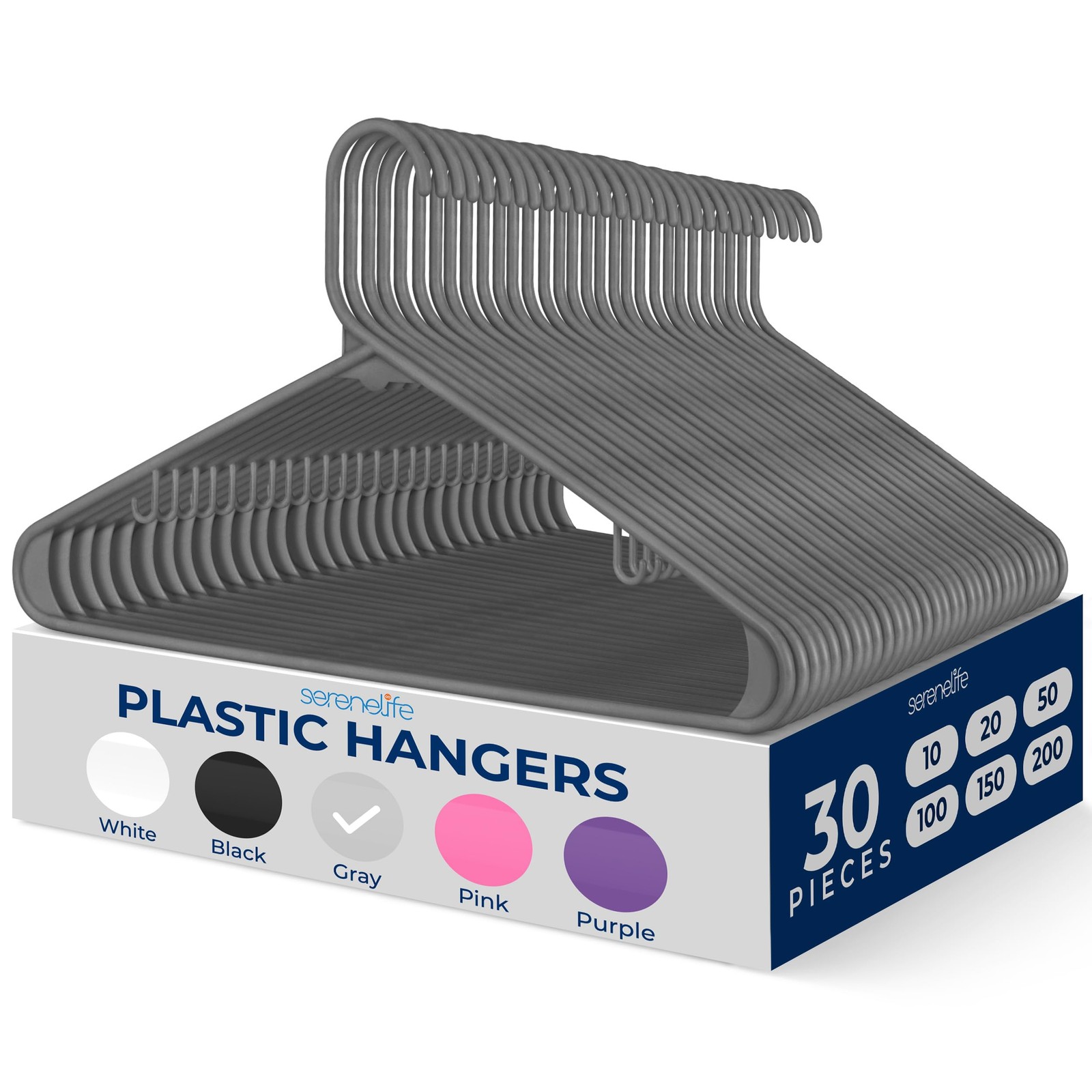 SereneLife 30 Pack Plastic Hangers (Gray)