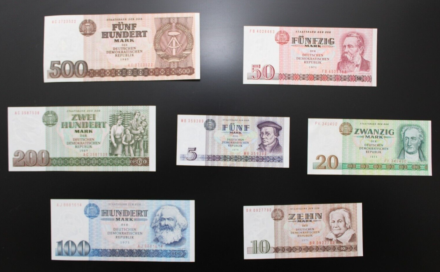 EAST GERMANY GDR 7 BANKNOTES SET 1971-1985 UNC GDR DDR notes money,D1.L.3