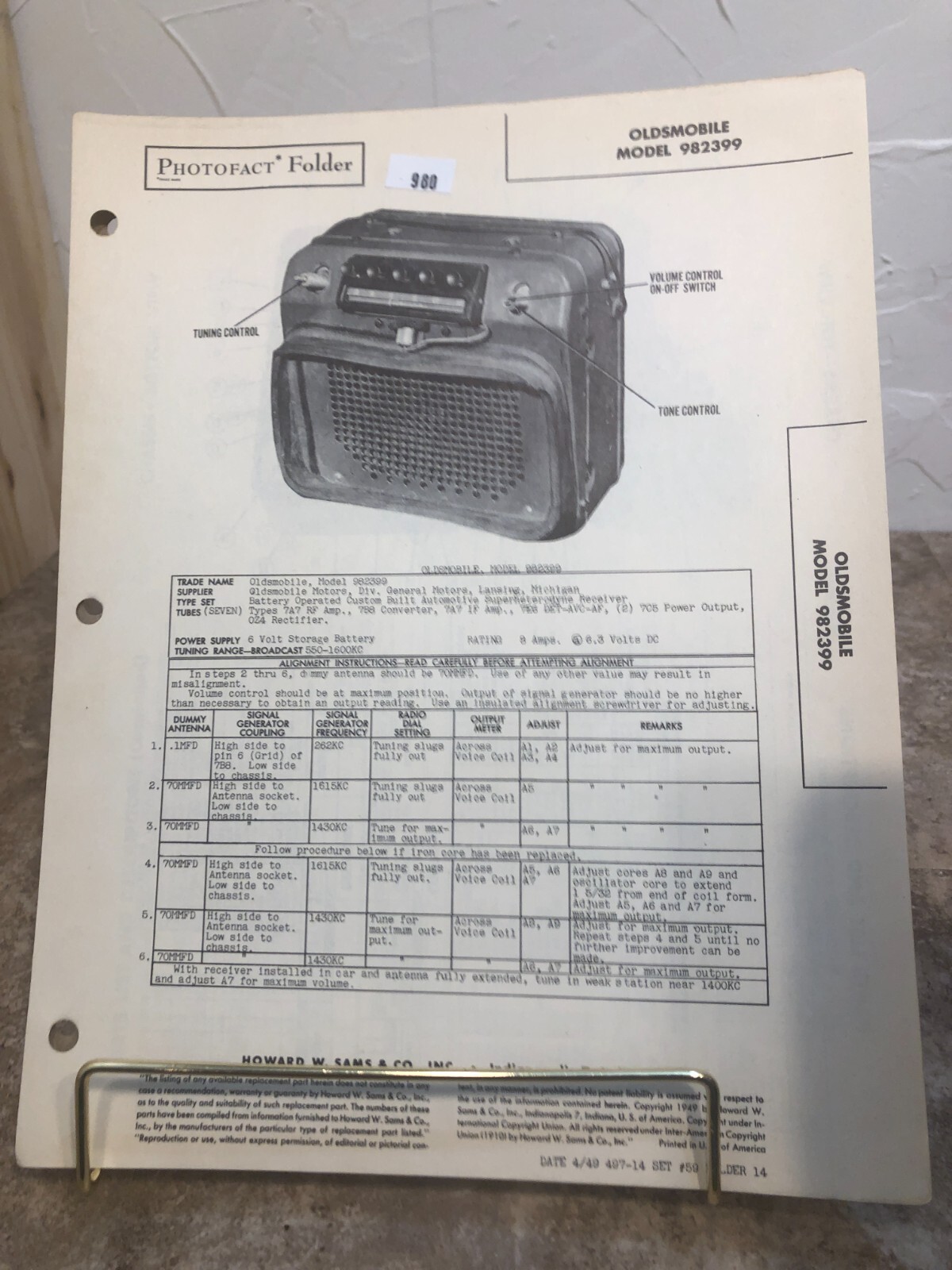 PF  1940s-50s OLDSMOBILE AUTOMOTIVE RADIO Model 982399 Repair Data Manual-  READ