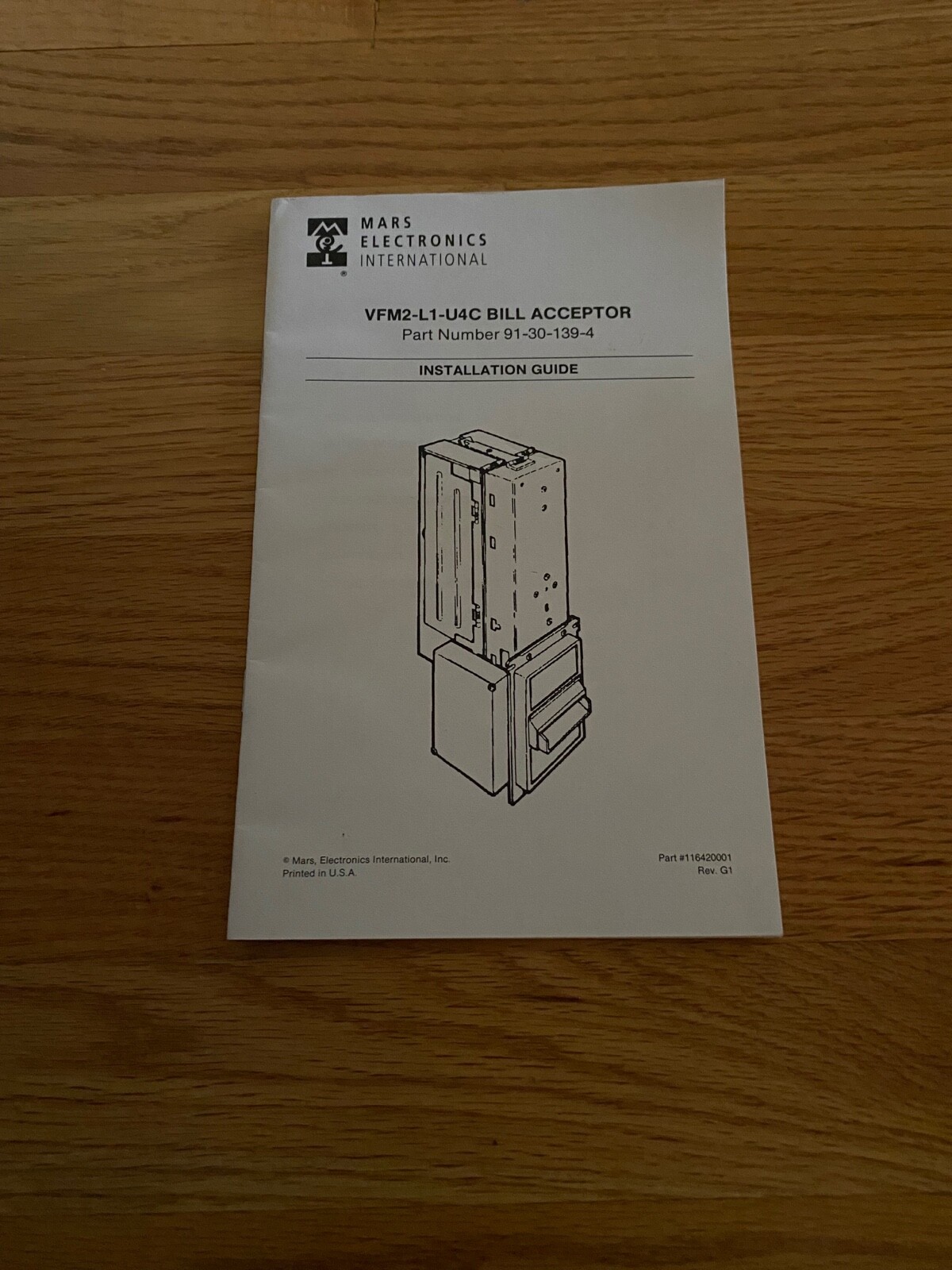 VFM2-L1-U4C Bill Acceptor Part Number 91-30-139-4 Installation Guide Manual Mars