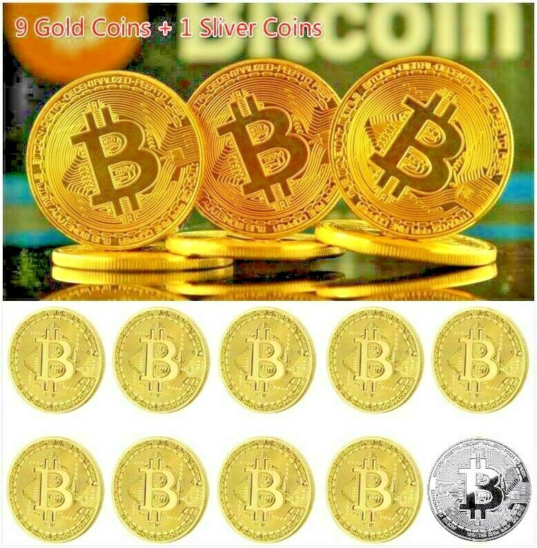 10PCs Physical Bitcoin Coins Commemorative Collectibles BTC Gold & Silver Plated