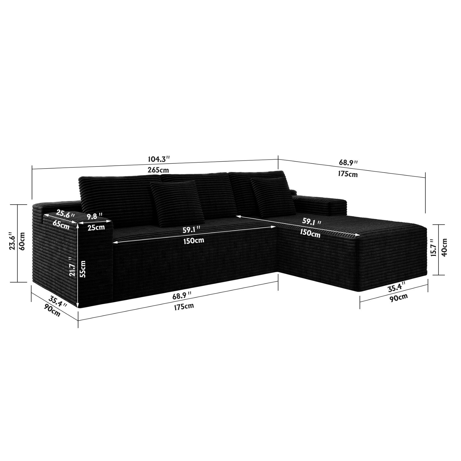 104.3*68.9"Modular sectional sofa seat,Upholstered compressed couch 2PC