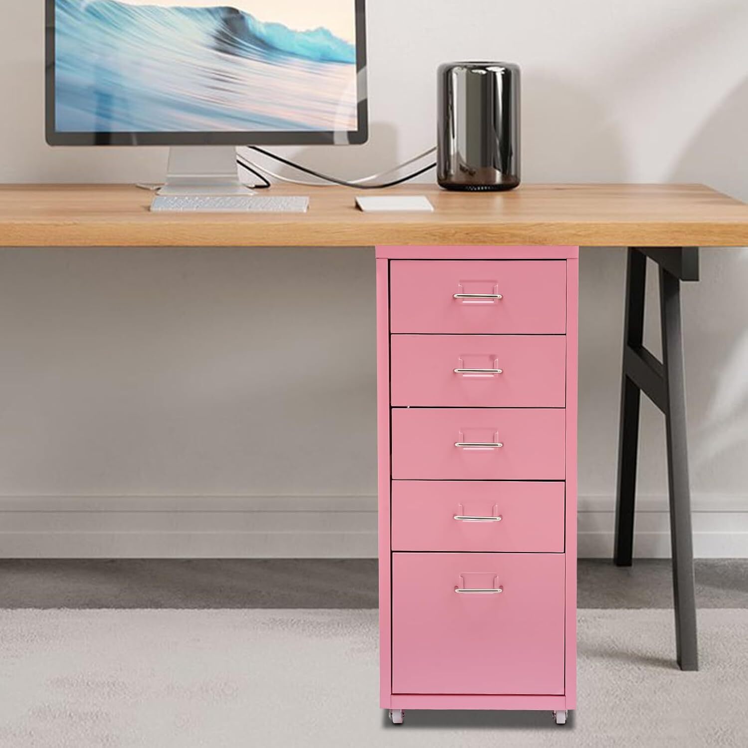 Metal Storage Cabinet with Wheels and 5 Drawers Under Desk Filing Cabinet Pink