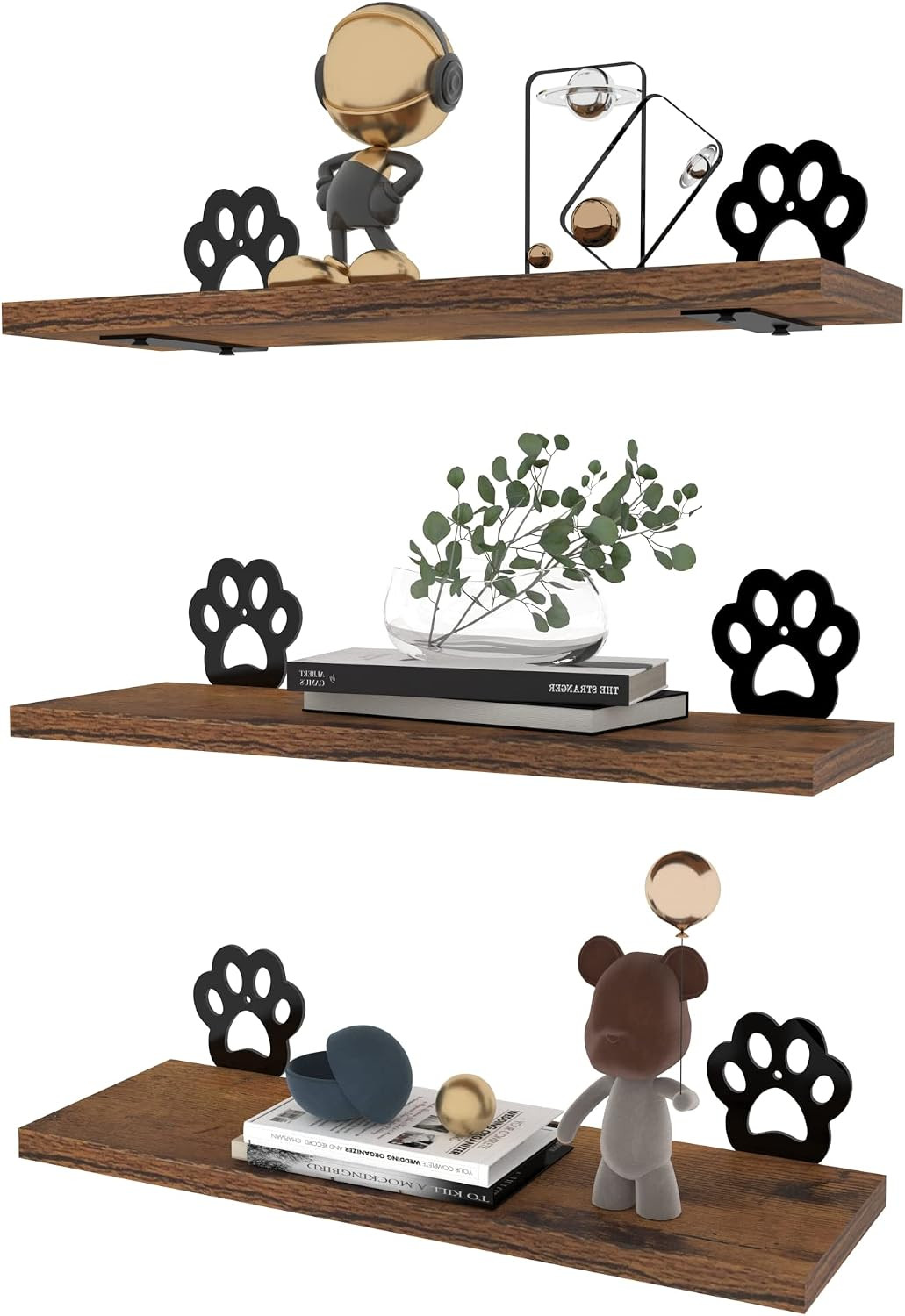 Paw Prints Wall Decor Floating Shelves Set of 3, Cute Rustic Wooden Shelf Decora