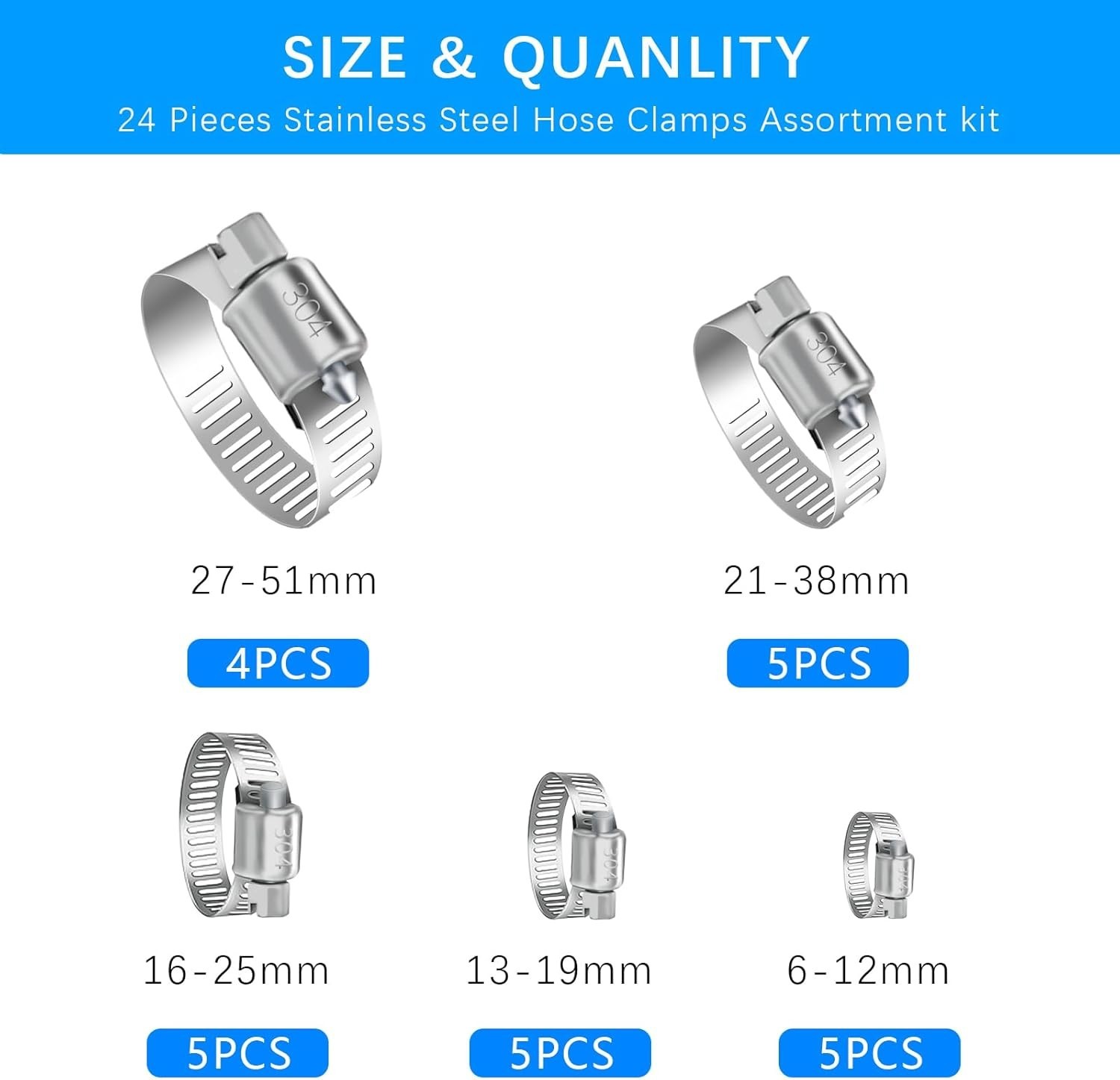 24Pcs Stainless Steel Hose Clamps Assortment Kit 1/4-2 Adjustable Set