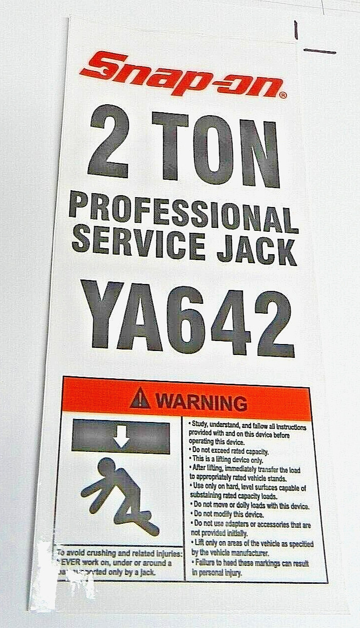 Snap On Jack Decal- Jack Label for YA642- 2 ton Snap On floor jack-USA