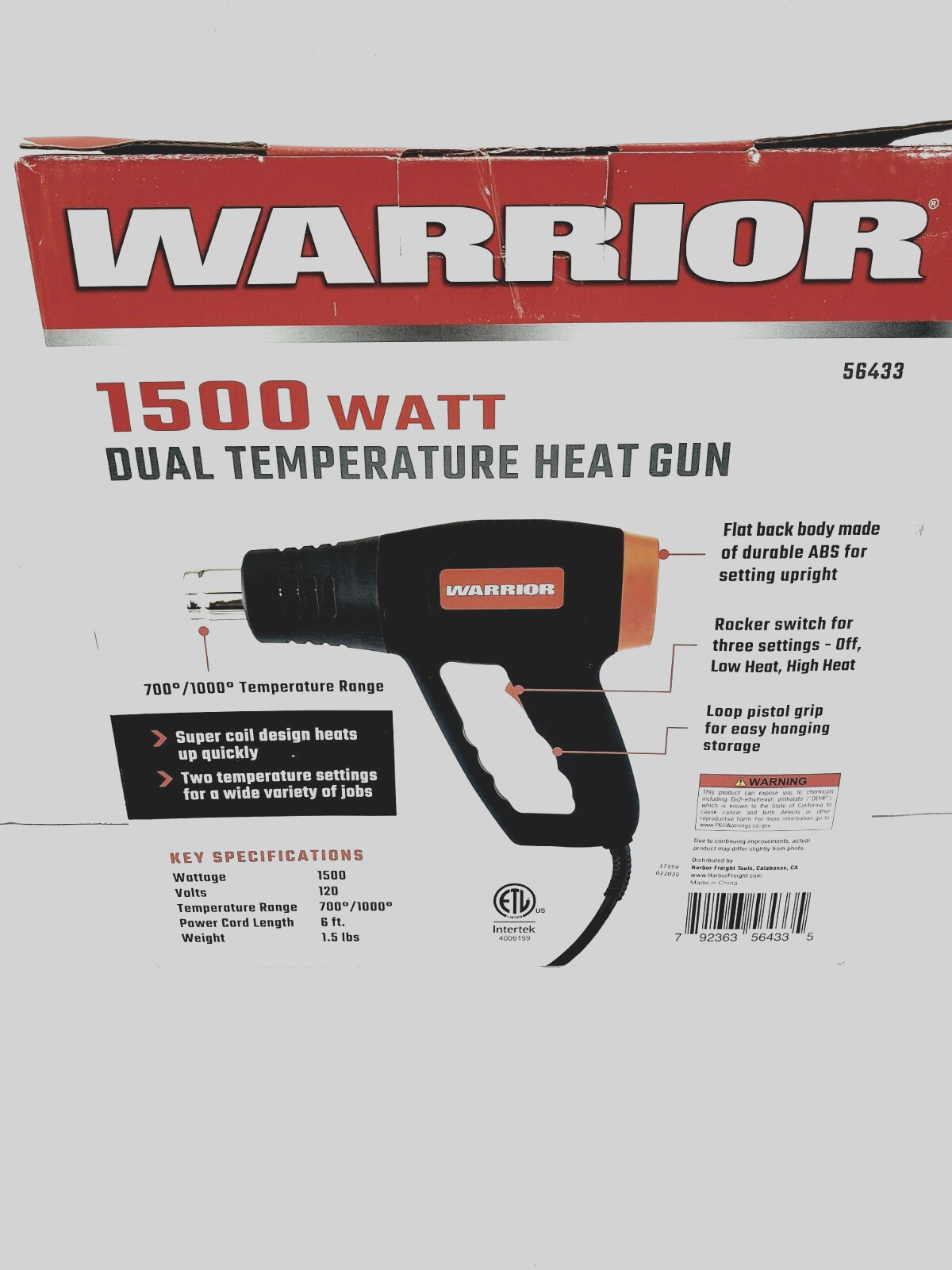 Warrior 1500 Watt HEAT GUN Dual Temperature Heat  700  / 1000 #56433