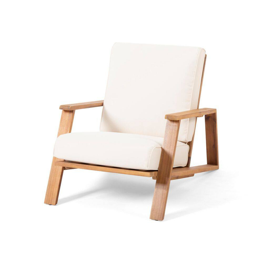 Teak Acacia Wood Outdoor Lounge Chair Club CHAIR with Beige Cushion (1-Pack)