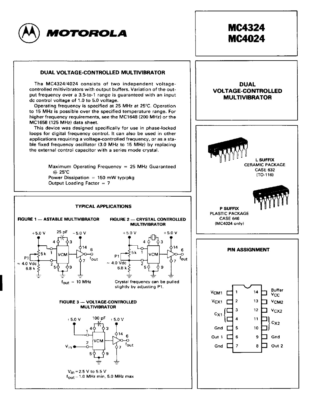 (2) Motorola MC4024P Dual Voltage Controlled Multivibrators DIP-14 Package