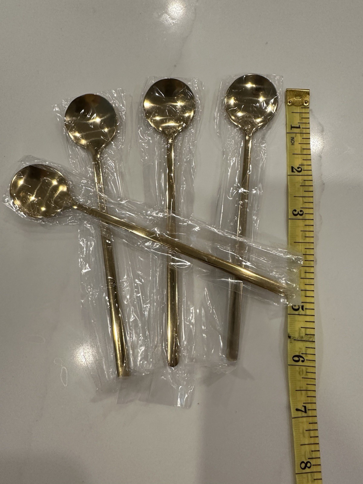 Set of 4 Gold Metal coffee Spoons 6 in, Glossy Modern Reusable, Hand Wash Only