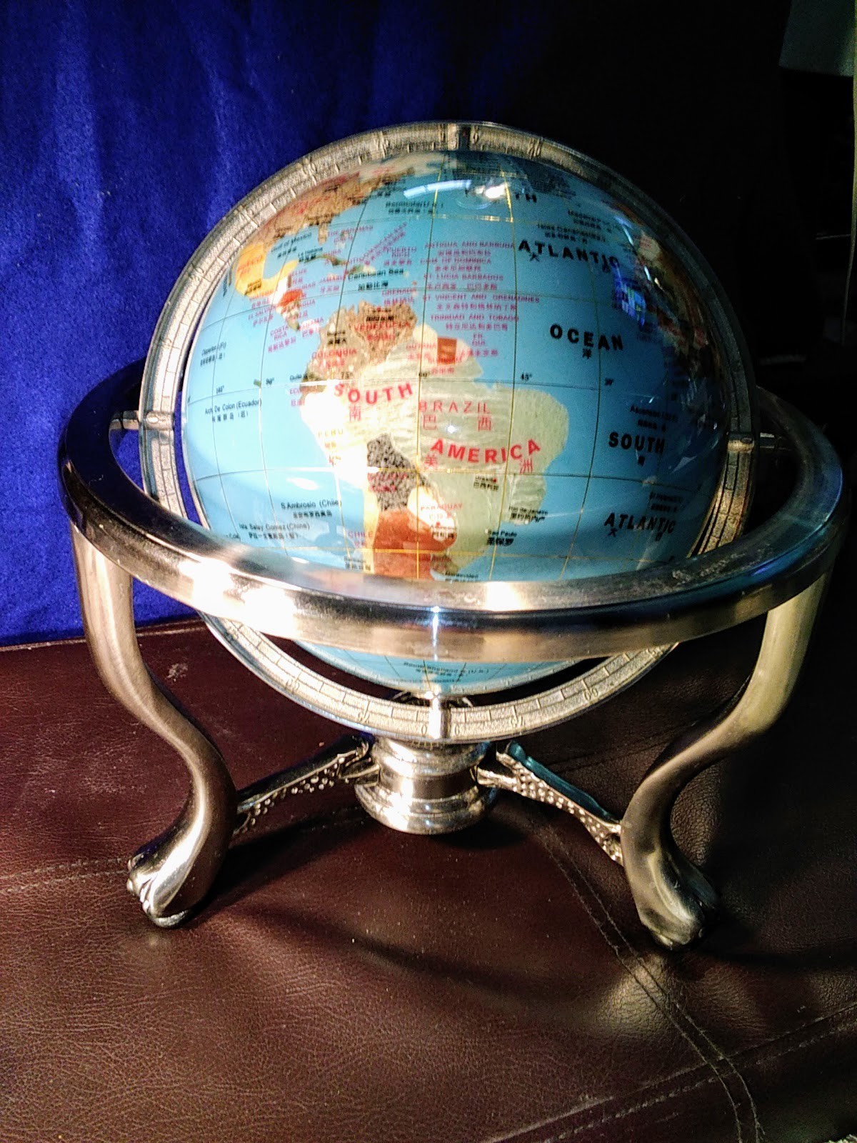 Tabletop World Globe Rotating Decorative Blue Silver Metal Base Freestanding