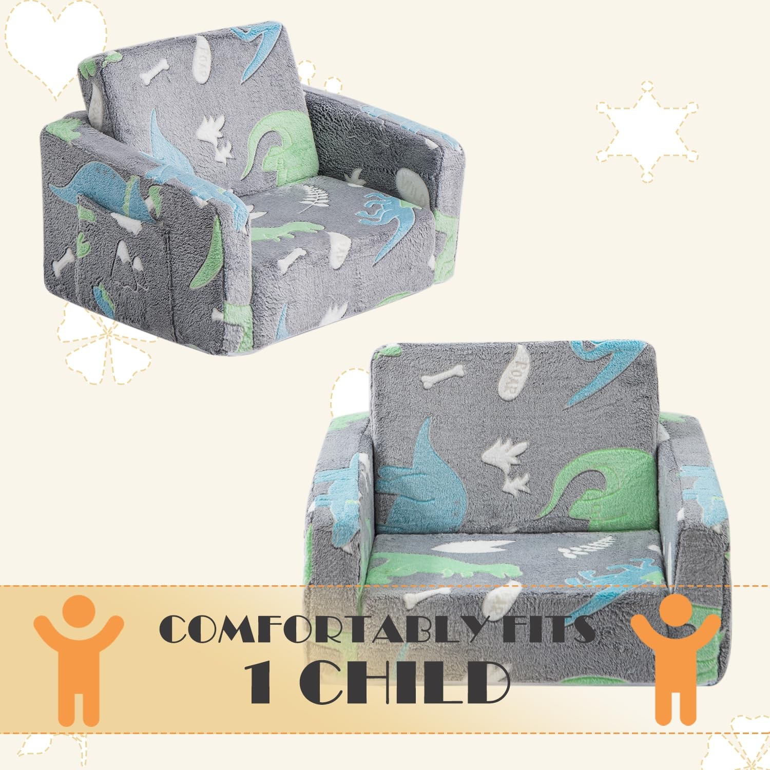 Baby Toddler Couch Chair Kids Foldable 2-in-1 Toddler Fold Out Couch Sofa for...