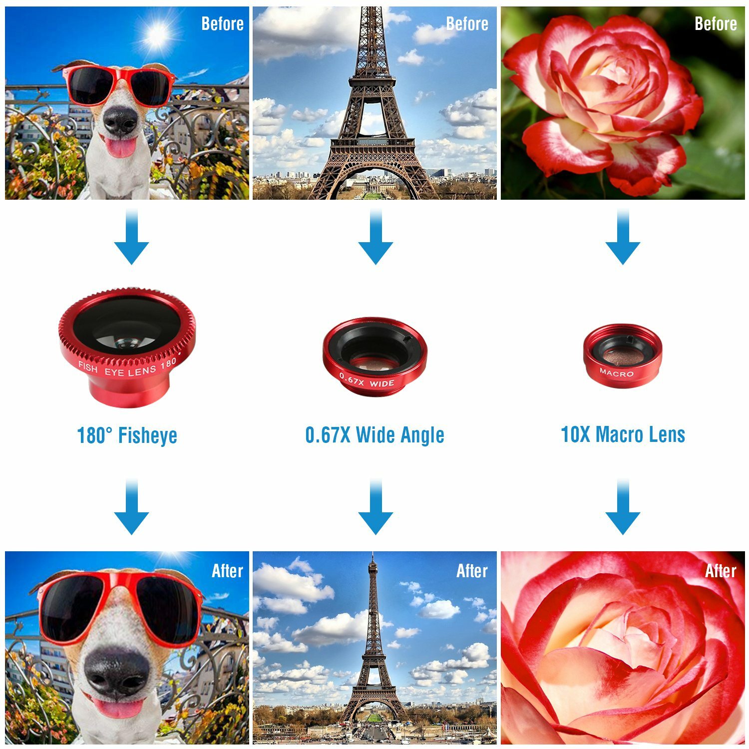 3 in1 Wide Angle+Fish Eye+Macro Camera Lens For Smart Cellphone Universal