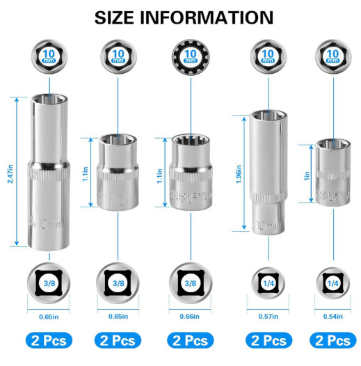 [10-Piece] 10mm Socket Set, 1/4-Inch & 3/8-Inch Drive Impact Socket, 6-Point...