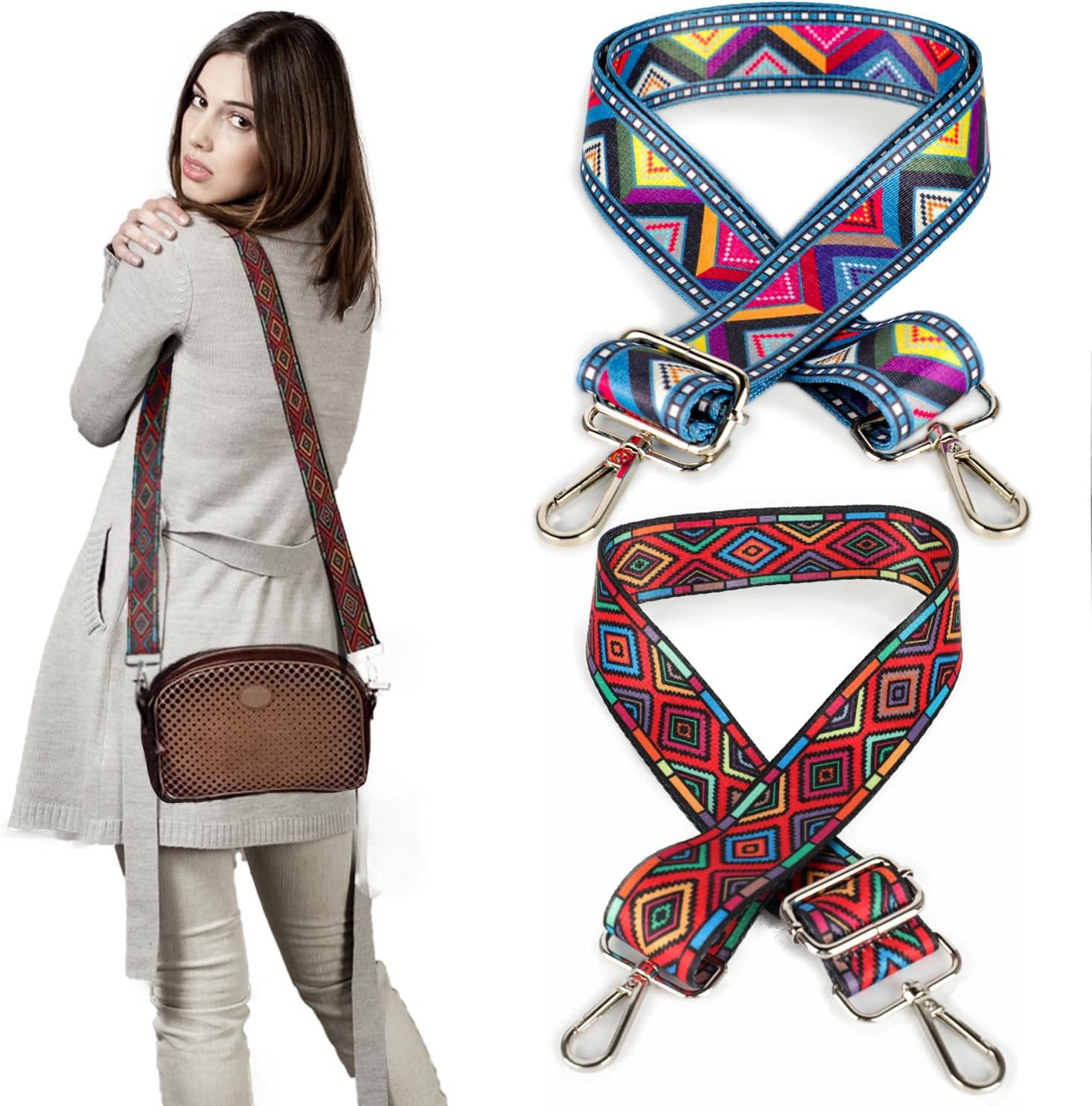 2 PCS Purse Strap, 1.5" Wide Shoulder Strap Adjustable Replacement Retro Multi-p