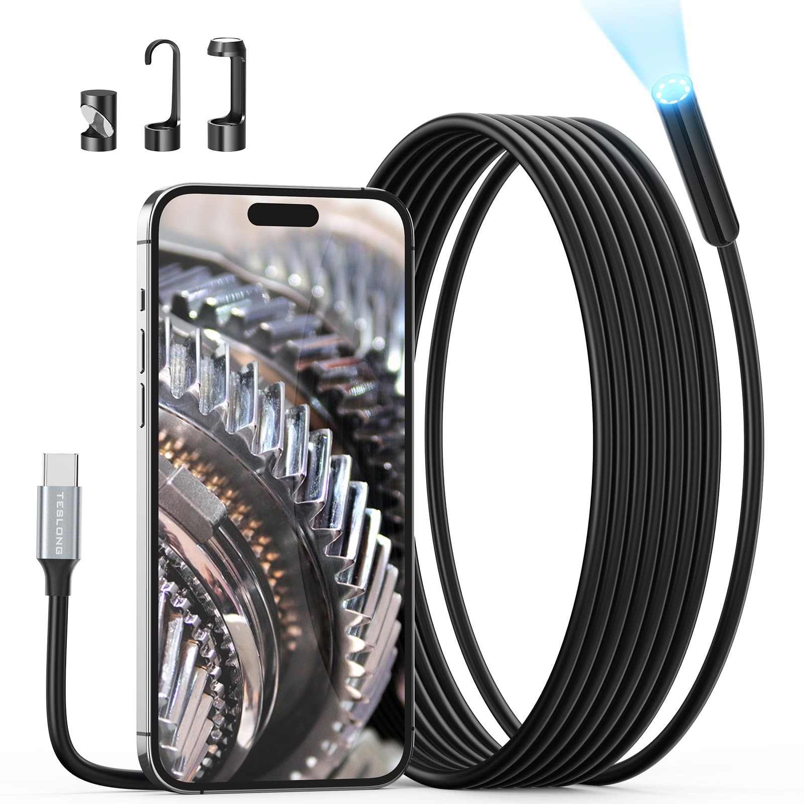 USB C Endoscope Camera with Light, Teslong Type-C Snake Borescope 10FT, black